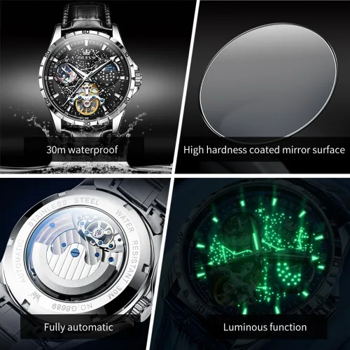 Miniatura 6 de OLEVS Relojes de cuero para hombre, mecánico automático, esqueleto Tourbillon, diamante, de lujo, cuerda automática, relojes de pulsera de vestir