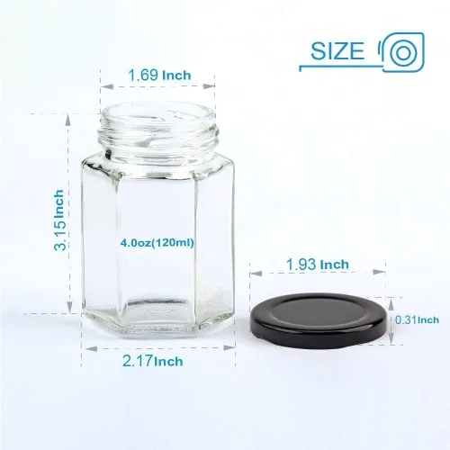 Tarros hexagonales transparentes de 4 onzas, pequeños frascos de vidrio para miel con tapas (negras), tarros Mason para hierbas, alimentos,