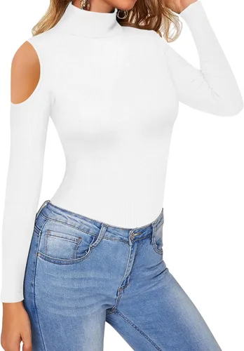 Miniatura 2 de HERLOLLYCHIPS Camisetas de cuello alto falso para mujer, hombros descubiertos, manga cortalarga, de punto acanalado, ajustadas, elásticas, sexy