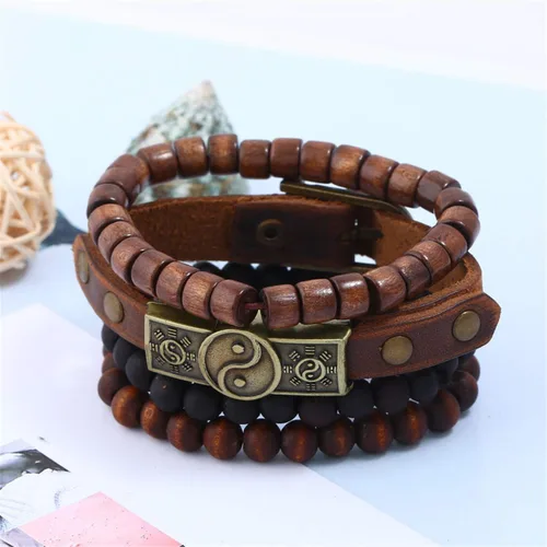 Miniatura 2 de 4 pulseras de cuero, diseño étnico con símbolo taoísta de Yin Yang