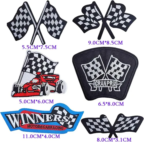 Miniatura 2 de Parches de carreras a cuadros F1, juego de 6 parches bordados en 3D para planchar o coser con banderas a cuadros, trofeo ganador y diseño de coche