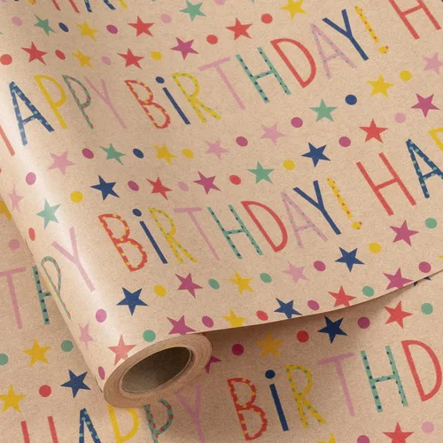 Miniatura 13 de RUSPEPA Rollo de papel de regalo reversible de cumpleaños, mini rollo, diseño de cupcake azul y texto colorido feliz con estrellas, colorido