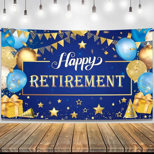 KatchOn Cartel de feliz jubilación extra grande de 72 x 44 pulgadas, decoraciones azules y doradas, telón de fondo para fiesta, decoraciones de