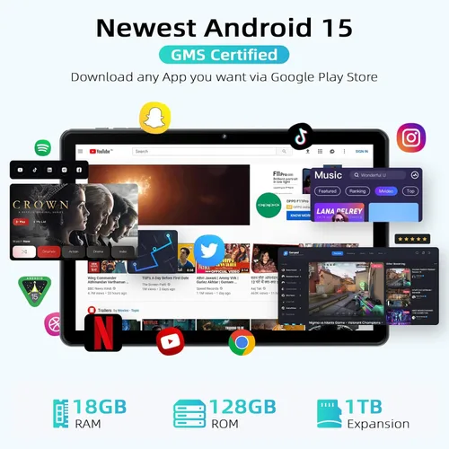 Miniatura 3 de Tablet de 10 pulgadas, tableta Android 15 con Octa-core Cortex, 18 GB de RAM 128 GB ROM/1 TB TF, Widevine L1, pantalla táctil de tableta