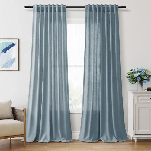 Miniatura 11 de Aersas Aqua Green Linen Curtains 84 Inches Long 2 Panels Set Back Tab Rod Pocket Living Room Curtain Farmhouse Rustic Light Filtering Hook Drapes