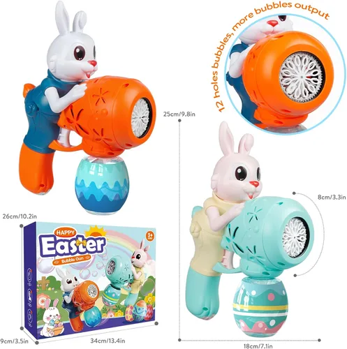 Miniatura 4 de Pistola de burbujas para niños, paquete de 2 pistolas de burbujas para niños pequeños, máquina de burbujas de conejo, juguete eléctrico de burbujas