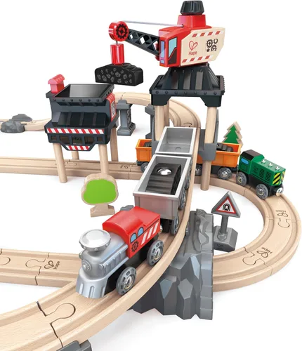 Miniatura 3 de Hape Juego de grúa y tren de carga Juego de juguetes de ferrocarril de madera con grúa magnética, cargador accionado por botones y señal de riel