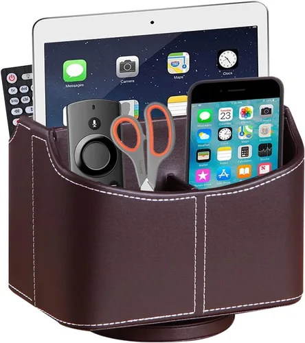 Miniatura 8 de Organizador de control remoto de piel sintética con diseño giratorio de 360°, organizador de escritorio para control remoto de TV, teléfono