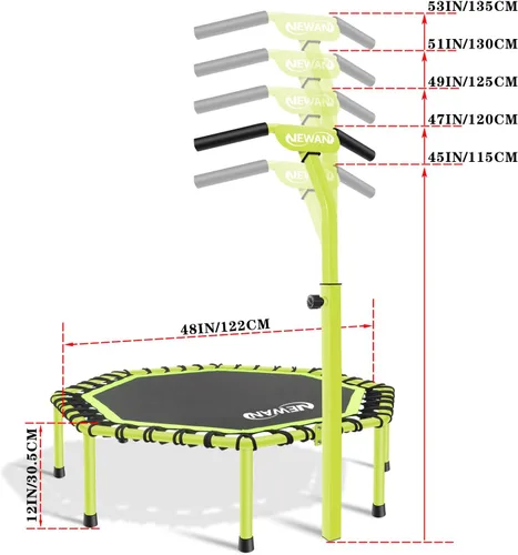 Miniatura 5 de Trampolín de Fitness Newan de 48" con Barra de Manija Ajustable, Trampolín Silencioso Bungee Rebounder Saltador Entrenador Cardiovascular de Verde