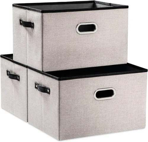Miniatura 19 de PRANDOM Contenedores de almacenamiento plegables más grandes para clóset [5 unidades] cestas decorativas de tela de lino con asas de cuero y metal