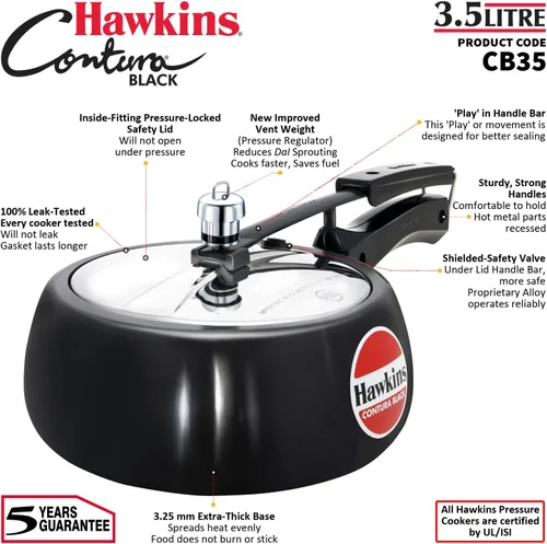 Miniatura 8 de Hawkins Olla a presión Contura negra de 3,5 litros, cocina de tapa interior anodizada dura, cocina Handi, negro (CB35)