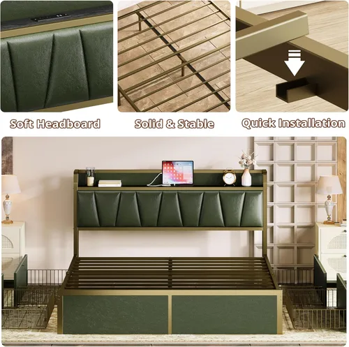 Miniatura 4 de LIKIMIO Armazón de cama Queen con 4 cajones de almacenamiento, cama de plataforma con cabecera con carga, resistente y estable, sin ruido, no Verde