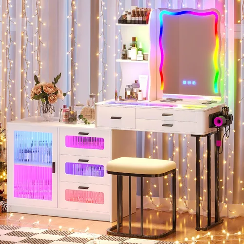 Mesa de Tocador RGB para Maquillaje con Estación de Carga Inalámbrica, Escritorio de Tocador con Espejo Iluminado y Silla, 8 Cajones, Taburete, Mesa