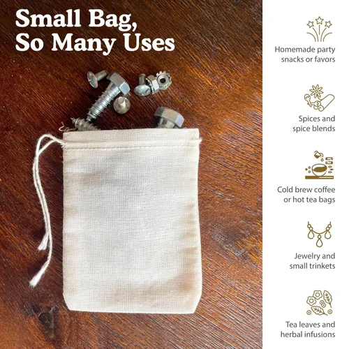 Miniatura 4 de Regency Wraps Bolsa con cordón 100% algodón, bolsas para guardar especias a granel, té, popurri y joyas, mini bolsas 100% algodón, 3 x 4 pulgadas