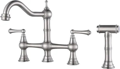 Miniatura 10 de Grifo de Cocina de Puente con Rociador Lateral, WOWOW Grifo de Cocina de Latón Macizo para Fregadero de 4 Agujeros Bronce Antiguo Grifo de Fregadero