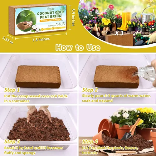 Miniatura 4 de Legigo Paquete de 3 Ladrillos de Fibra de Coco Orgánico - 100% Natural Ladrillos de Turba de Coco Comprimidos de Fibra de Coco Sustrato con Bajo EC