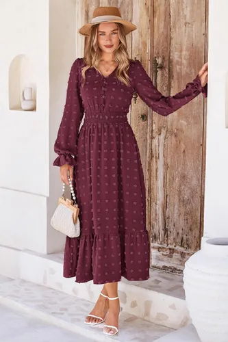 Miniatura 2 de MASCOMODA Vestido largo para mujer, manga larga, cuello en V, lunares suizos, bohemio, fruncido, cintura alta, acampanado, con escalonados, vestidos
