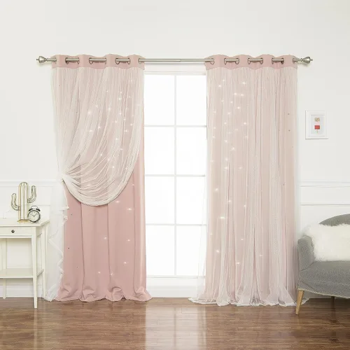 Miniatura 29 de Best Home Fashion Par de cortinas opacas con revestimiento de tul y corte láser, paneles de ventana con ojales plateados para dormitorio, habitación