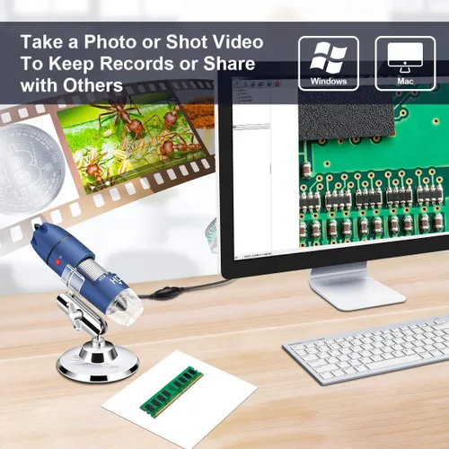 Miniatura 4 de Cámara de microscopio USB HD de 2 MP para Android, Windows, Linux Mac, 40X a 1000X digital con soporte y estuche de transporte, moneda portátil
