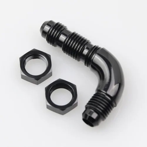 Miniatura 3 de 90 grados -4 AN a -4AN de una pieza de flujo completo macho Flare Bulkhead Unión de combustible con tuerca de mamparo AN4 Aluminio Negro