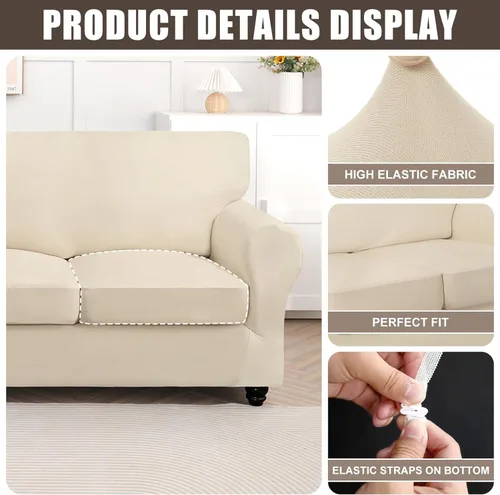Miniatura 2 de SearchI Funda Elástica para Sofá Funda de Sofá, 3 Piezas Funda para Loveseat con 2 Fundas de Cojín Separadas, Protector de Muebles Lavable para Sala