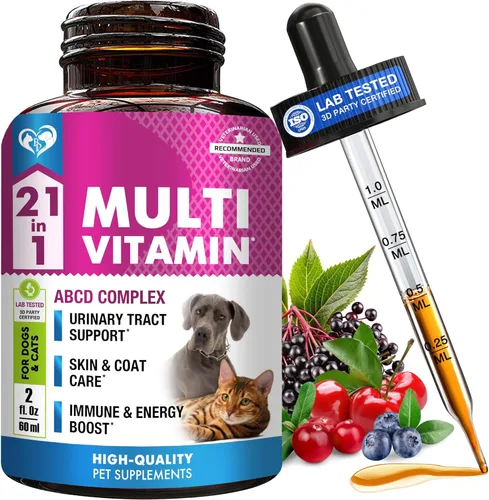 Multivitamínico Líquido para Gatos y Perros con Glucosamina y Arándano | Suplementos de Salud 21 en 1 para el Tracto Urinario, Riñón, Vejiga, Cadera