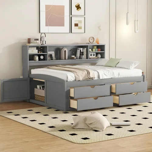 Miniatura 10 de Sofá cama de tamaño matrimonial con 4 cajones, marco de madera con 2 armarios de noche y estantes superiores, marrón antiguo