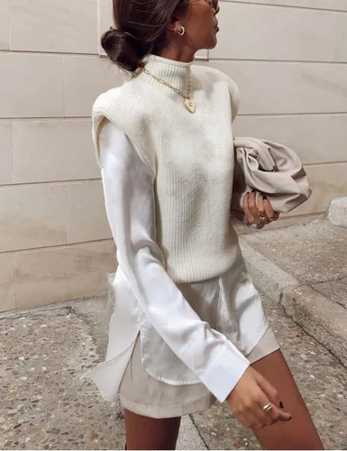 Miniatura 4 de Himosyber - Suéter de punto, unicolor y sin mangas para mujeres, chaleco elegante y elástico con cuello alto, manga casquillo