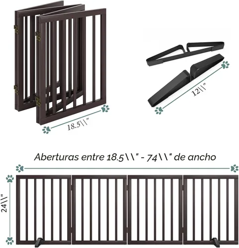 Miniatura 6 de Puerta de madera para perros plegable independiente de 4 paneles para mascotas, puertas extra anchas para perros para puertas interiores, escaleras