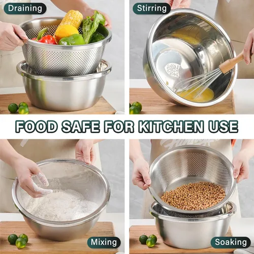 Miniatura 3 de Colador de Acero Inoxidable 304 de 2QT Colador Microporoso y Tazón de Mezcla para Cocina, Colador de Arroz con Cuenco de Lavado para Colar Pasta