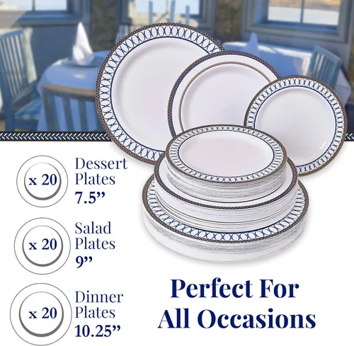 Miniatura 4 de Silver Spoons Juego de vajilla desechable Platos de plástico resistente Elegante aspecto fino de porcelana Incluye: 20 platos llanos, 20