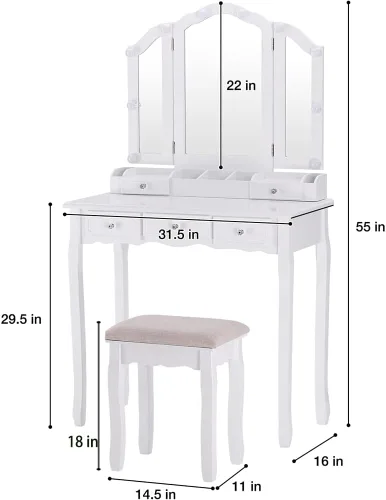 Miniatura 6 de Escritorio de tocador con espejo y luces, juego de tocador blanco para niñas con espejo y taburete acolchado, mesa de tocador de maquillaje