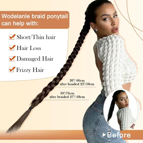 Miniatura 4 de Extensión de cola de caballo larga trenzada con banda para el cabello, color marrón claro, extensiones de cabello sintético suave y natural