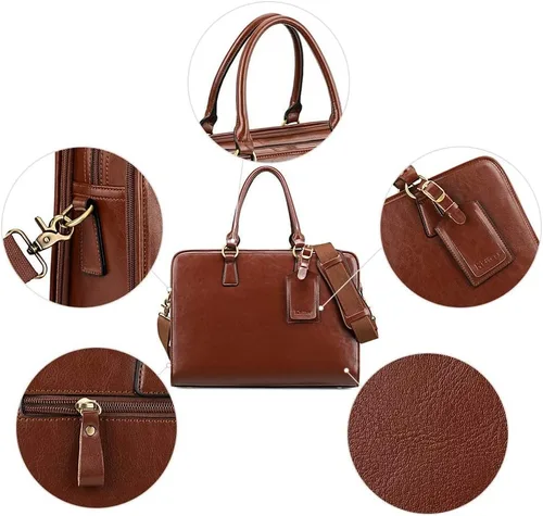 Miniatura 29 de Kattee Maletín de cuero genuino para mujer, bolsa de computadora portátil de gran capacidad con etiqueta de equipaje