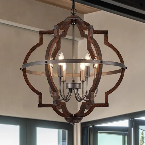 Lámpara de araña de madera de 6 luces para comedor y pasillo | Lámparas colgantes rústicas vintage de 23 pulgadas, color marrón roble, entrada,