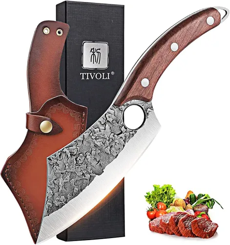 TIVOLI - Cuchillo de carnicero forjado a mano de filo completo, cuchillo de carnicero para cortar carne, cuchillo vikingo de acero de alto carbono