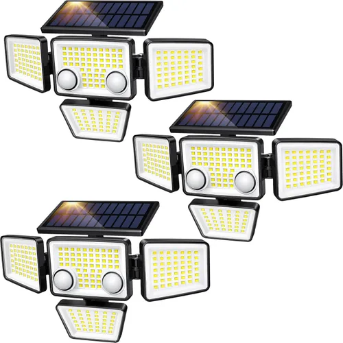 Miniatura 9 de LYWALT Luces solares para exteriores – 3000 lm, 188 luces LED con sensor de movimiento, 4 cabezales IP65, luces de inundación de seguridad