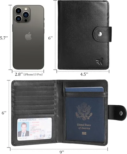 Miniatura 7 de Polare - Cartera de pasaporte de viaje plegable de cuero de grano completo para hombre, delgada con bloqueo RFID, Negro -, Slim