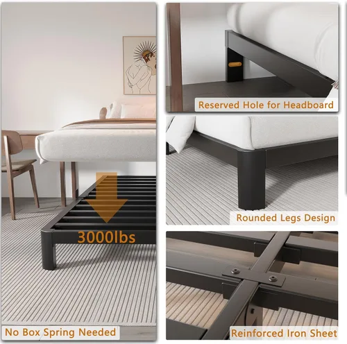 Miniatura 3 de Base de cama baja de 4 pulgadas, tamaño Queen, marco de cama Queen de perfil bajo, no necesita somier, con topes de colchón, cabecera de bricolaje