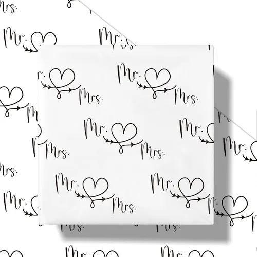 Miniatura 2 de RUSPEPA - Rollo de papel para envolver regalos de boda, mini rollo, diseño en blanco y negro de Sr. y Sra. con patrón de corazón y flecha, papel