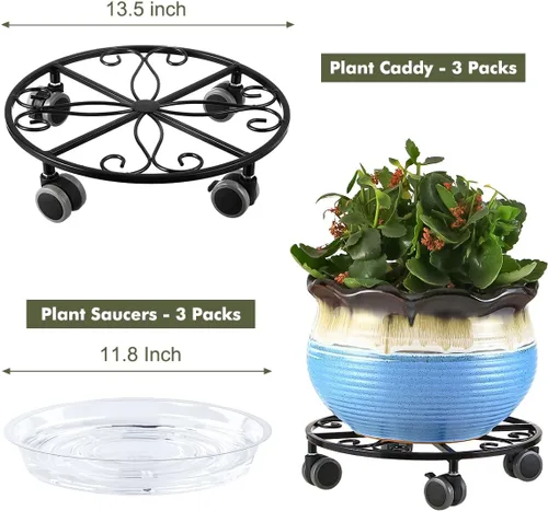 Miniatura 3 de Pack de 3 organizadores para plantas con ruedas de alta resistencia de 13.5 pulgadas, soporte metálico con ruedas, plataforma rodante para plantas