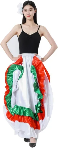Miniatura 9 de Falda larga de baile para adultos, color negro, rojo, verde, falda folklórica para disfraz de Halloween flamenco mexicano