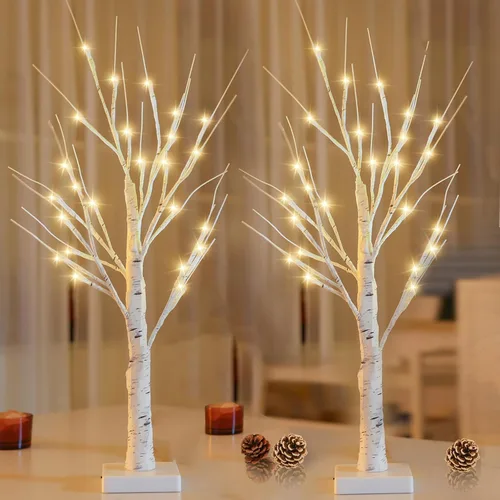 Miniatura 5 de Paquete de 2 árboles de abedul iluminados de 2 pies con temporizador para decoraciones navideñas de interior, árbol de abedul artificial con 48