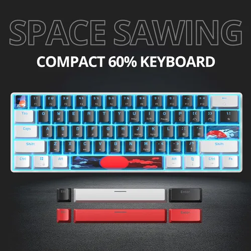 Miniatura 6 de Teclado mecánico portátil 60 % para juegos, teclado de oficina mini compacto con retroiluminación LED azul hielo de 61 teclas con cable, interruptor