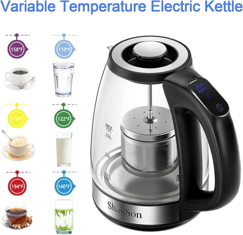 Miniatura 5 de ShanSon Hervidor eléctrico con infusor de té de 1,7 L, control de temperatura, hervidor de té eléctrico de vidrio de 1500 W, caldera de agua