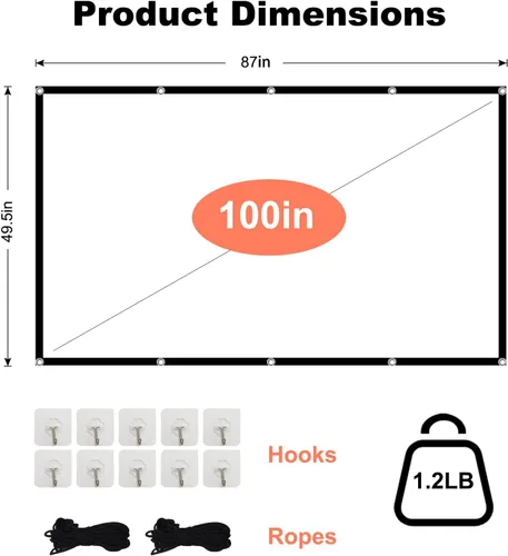 Miniatura 4 de TOWOND Pantalla de proyección de 100 pulgadas para interiores y exteriores, lavable, antiarrugas, 16:9, HD, pantalla de películas delanteras