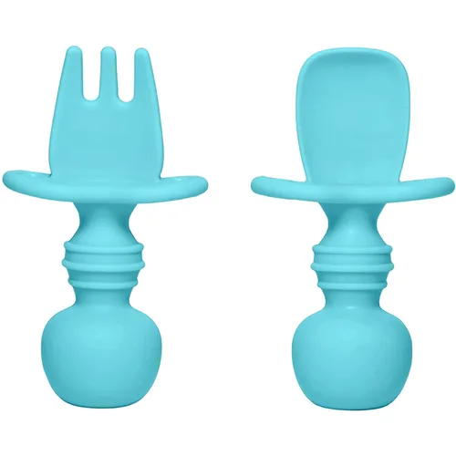 Utensilios de silicona, juego de tenedor y cuchara para bebé, utensilios de entrenamiento, etapa de destete LED para bebés de 6 meses (azul)