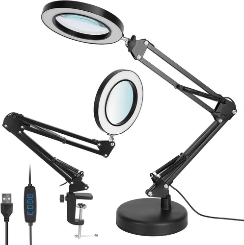 Lupa con luz y soporte, lámpara de aumento Moclever 8x, lámpara de escritorio 2 en 1 y abrazadera, lámpara de manualidades con 10 modos de brillo, 3