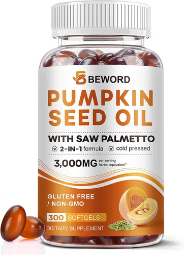 Aceite de semilla de calabaza con cápsulas de palma enana americana, 3000 mg/porción, 300/600 cápsulas blandas | Prensado en frío, aceite virgen