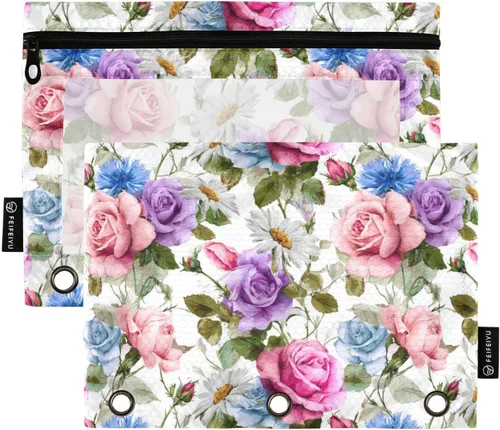 Miniatura 23 de SHJI Bolsas para carpetas, bolsa de lápices de mármol rosa y azul para carpeta de 3 anillas, paquete de 2 bolsas transparentes con cremallera
